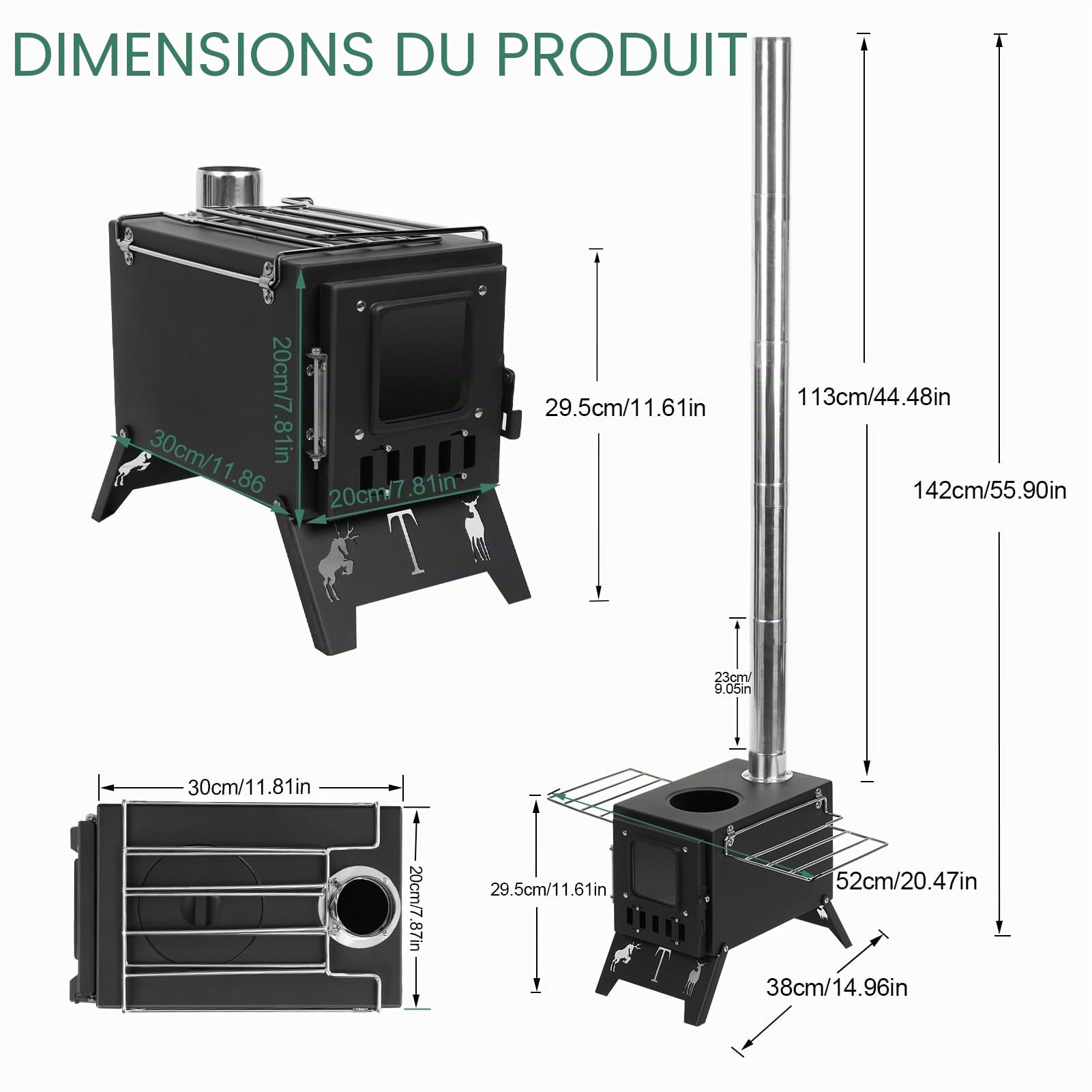 Réchaud à bois portable pour tente de camping, poêle à bois portable, réchaud de tente pour chauffage, brûleur de camping pliable avec tuyaux 1 ensemble
