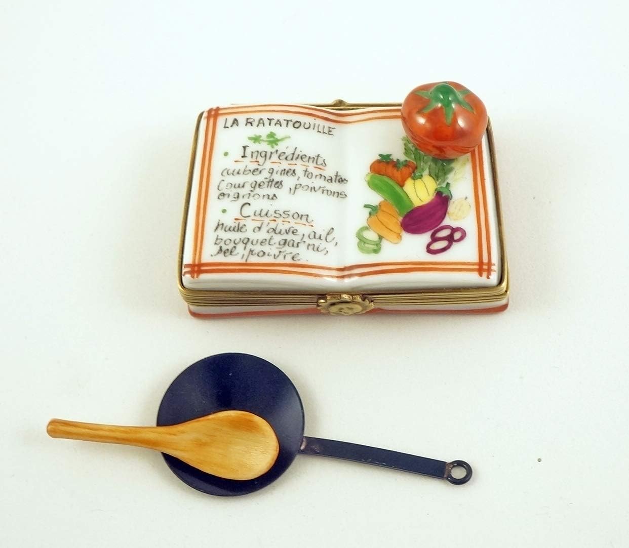 Authentic French Porcelain Hand Painted Limoges box La Ratatouille Recipe Book with Removable Skillet and Spoon