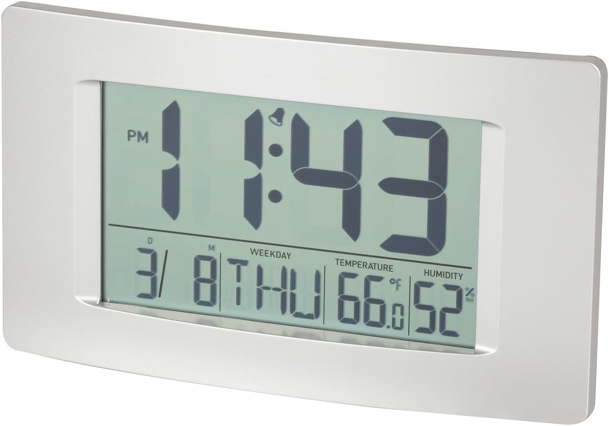 Front view of the DigiTech Multi-Function LCD Wall Clock displaying 1:43 PM, March 8th, Thursday, 66.0 degrees Fahrenheit, and 52% humidity.