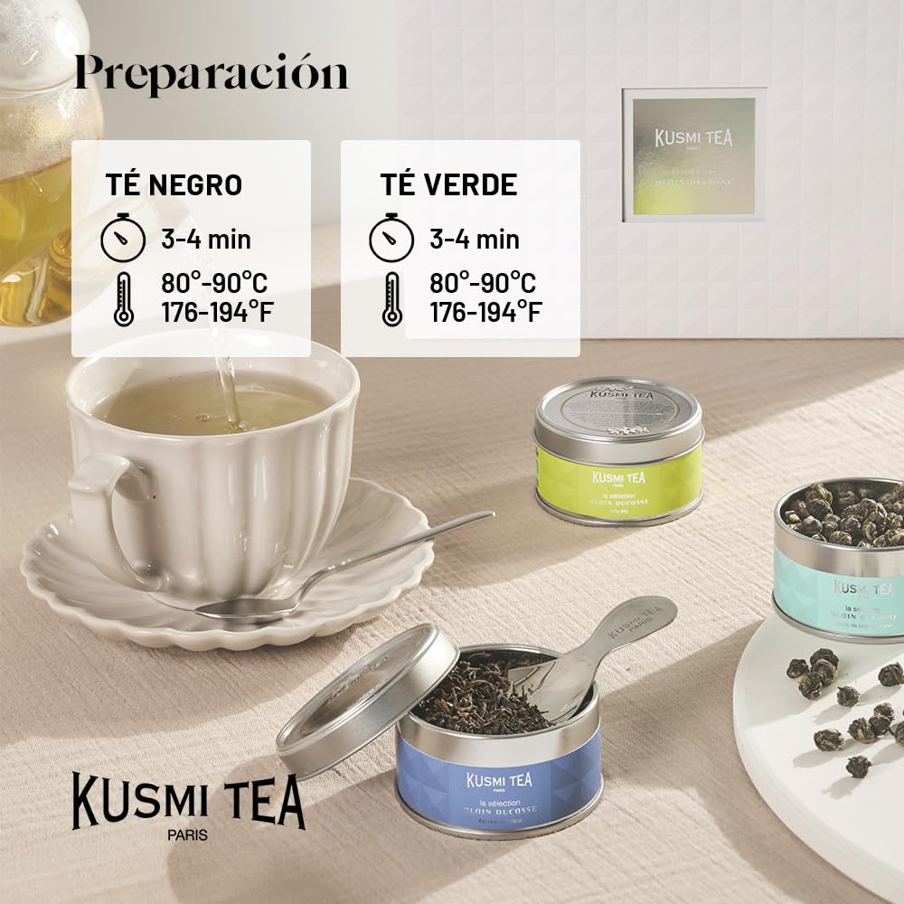 Kusmi Tea - Colección Alain Ducasse - 8 miniaturas de té natural de Asia + cucharilla de té - Surtido de tés orgánicos - Té verde y té negro - Idea de regalo para hombre y mujer - 8 cajas de 25 g