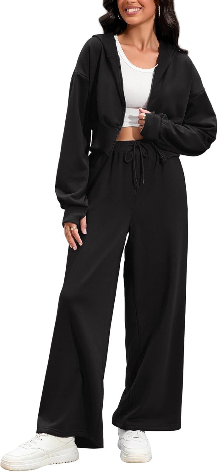 Women's 2 Piece Outfits Tracksuits Casual Cropped Hoodie Wide Leg Pants Travel Workout Lounge Sets