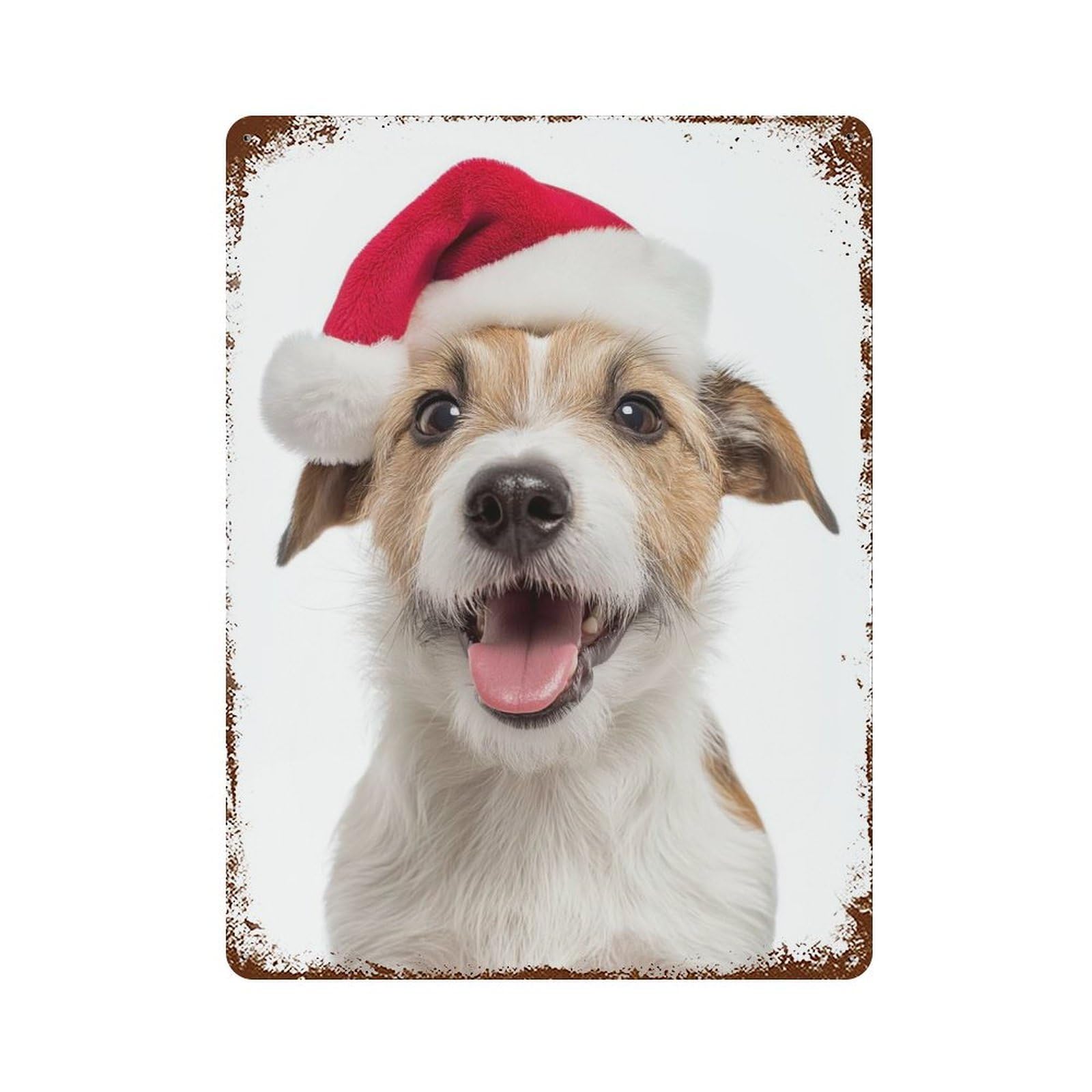 Retro Metal Sign with Russell Terrier Dog with Santa Hat Design 15.7"x11.8", for Living Room, Hallway And Home Decor, Farmhouse Wall Decor