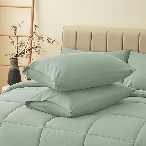 Miniatura 9 de CozyLux Juegos de edredón tamaño Queen  Juego de cama en una bolsa de 7 piezas verde salvia, juegos de ropa de cama Queen con edredón acolchado para