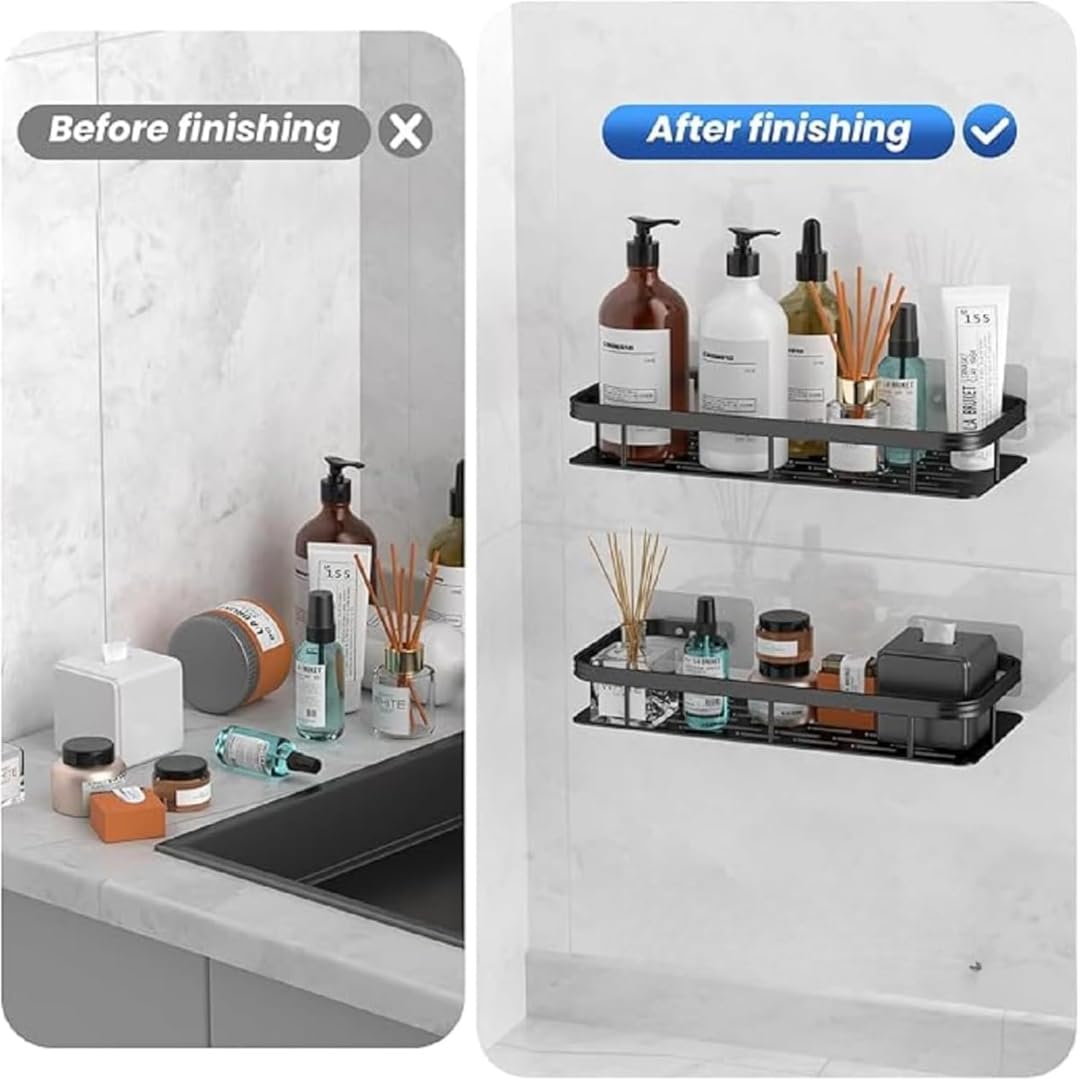 Feelon 2 Pcs Aluminium Bathroom Wall Shelf Organiser, 30 cm, Adhesive Mount Storage Rack with Installation Kit (Black) 3