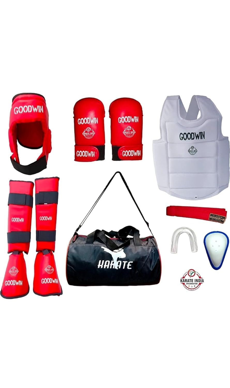 Karate Kit Kai Approved Goodwin Karate Safety Kit Head Guard, Chest Guard, Shin Guard, Abdominal Guard, Hand Gloves, Belts and Bag - Red (Small)-image-14