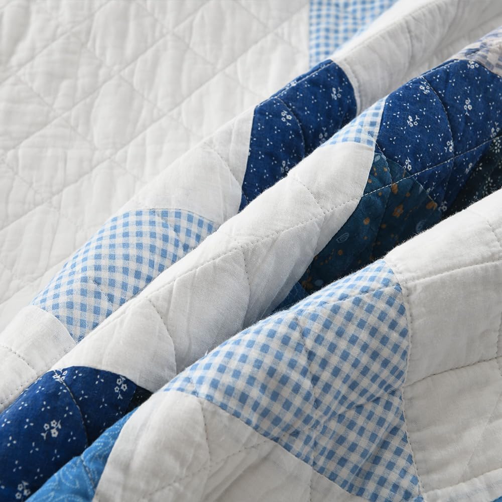 Cotton Quilt Bedding Sets 3 Pieces Soft Reversible Coverlets Luxury Star Real Patchwork Bedspread, Blue White, Queen Size - Image 9