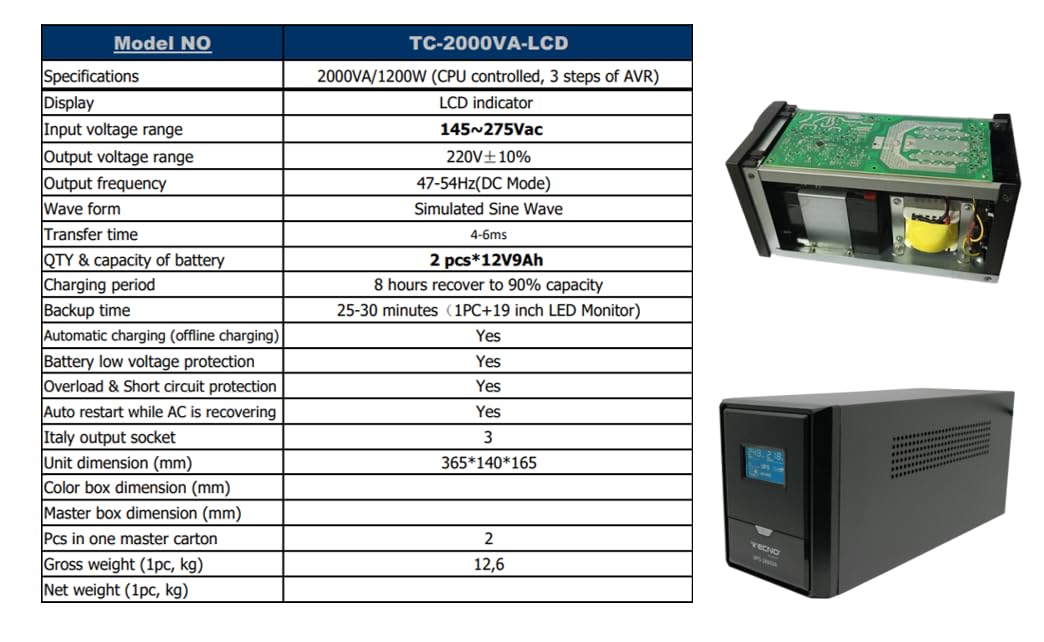 RVT SECURITY - Gruppo Di Continuità Per Casa, TC-2000VA-LCD-1, Apc Ups, Line Interactive Gruppo di Continuità, LCD Con 3 Prese Sciuco, Display Grande E Luminoso, 36,5x14x16,5 cm, 12,6KG
