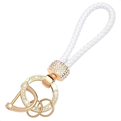 SK CUSTOM White Leather cord buckle Gold key ring Bling Rhinestones keychain Fingerprint Resistant Plating Metal Key Chain Ring