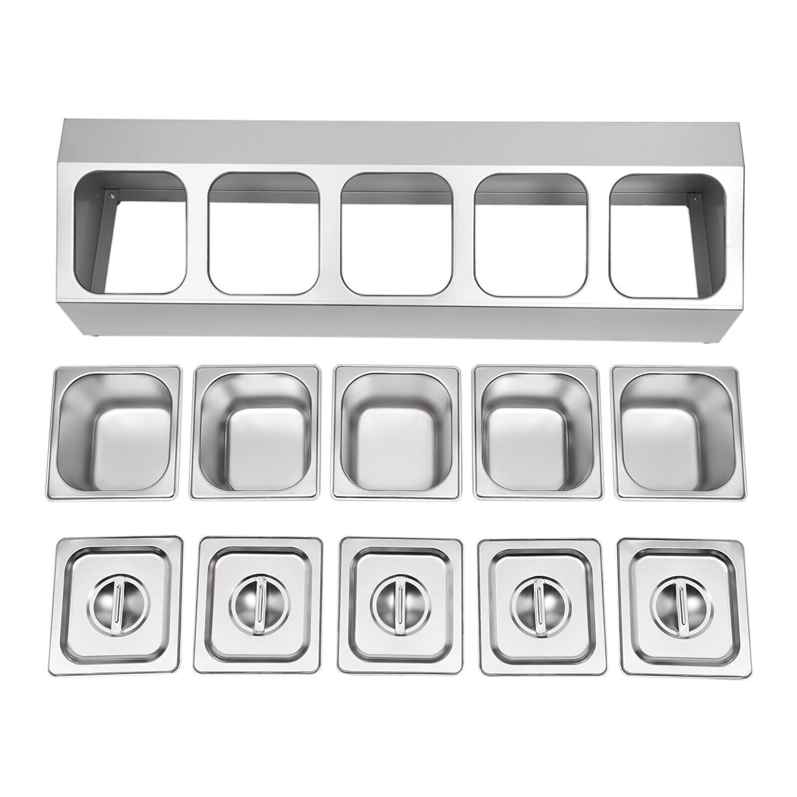 Recipiente de acero inoxidable GN con 5 recipientes GN y 5 tapas, recipiente gastronorm, recipiente para ingredientes, para restaurantes, tiendas calientes, tiendas de té con leche, fruterías