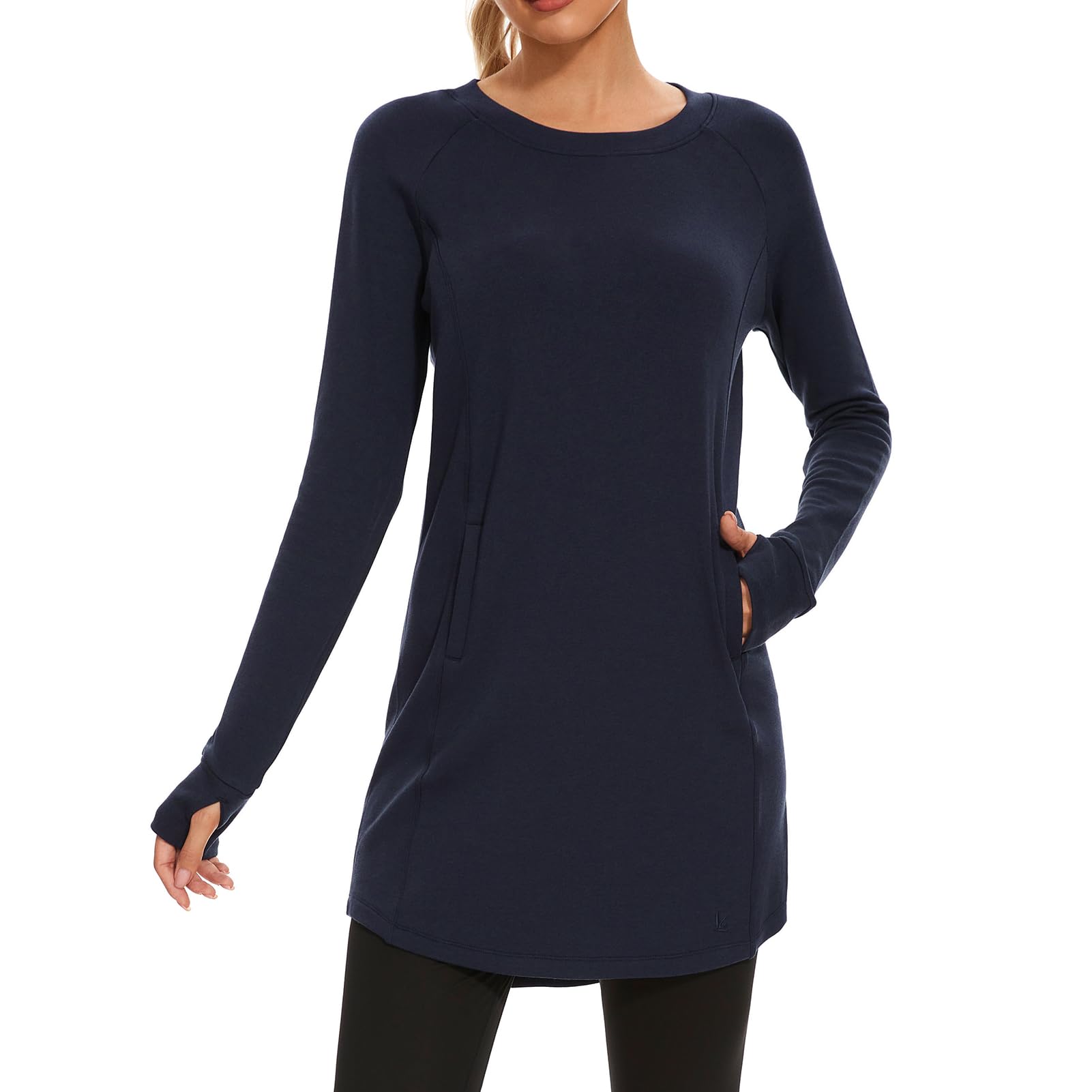 Lightbare Women’s Fleece Long Sleeve Dress Thermal Pullover Crew Neck Tunic Sweatshirt Dress with Pocket Winter Dresses