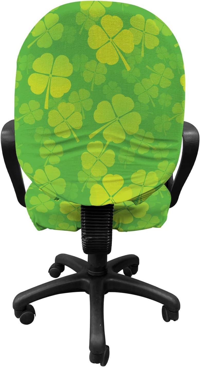 Lunarable Shamrock Office Chair Slipcover, 4 Leaf Clover Monochrome Traditional Saint Patrick's Day Arrangement, Protective Stretch Decorative Fabric Cover, Standard Size, Apple Green
