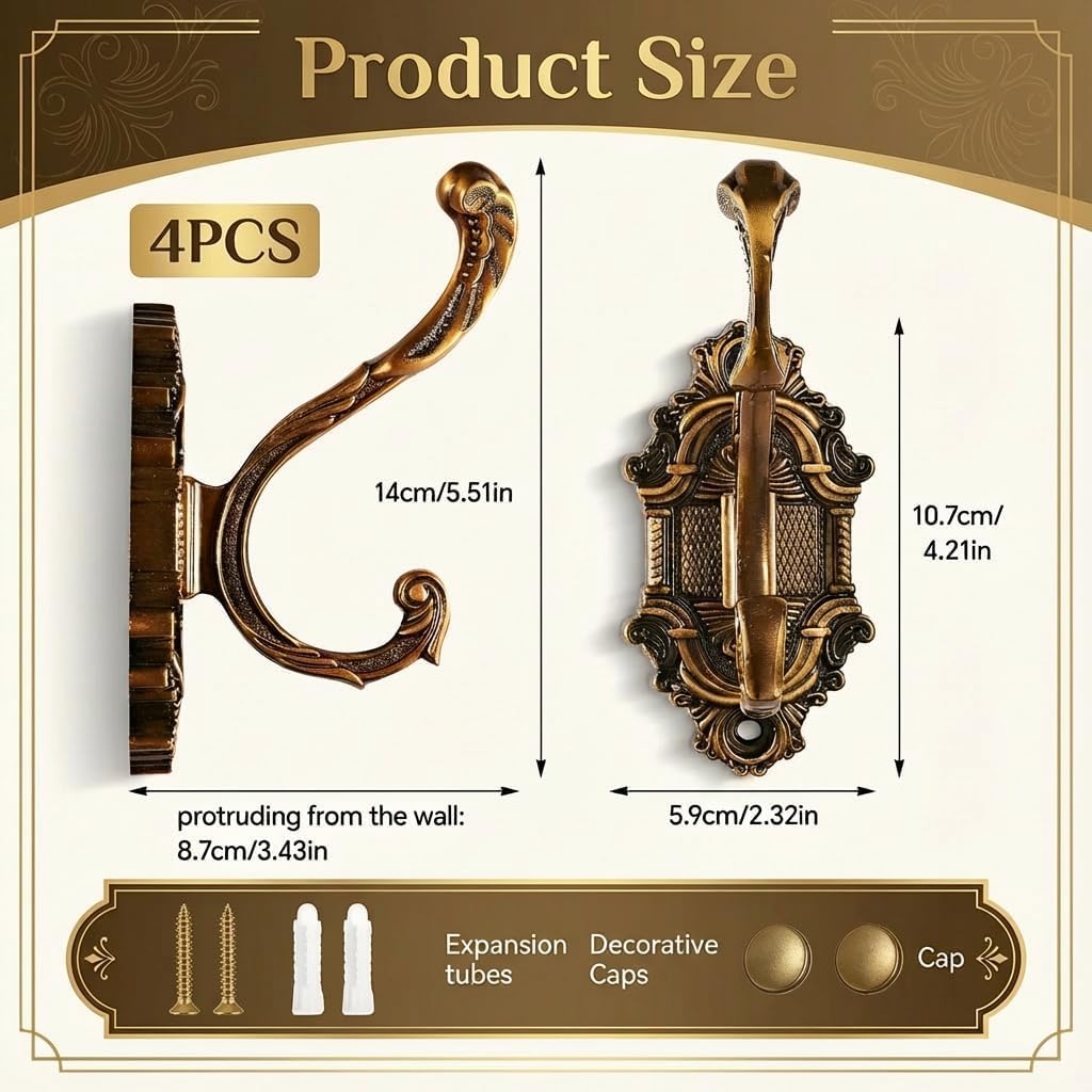 Antique Gold Vintage Coat Hooks，Heavy Duty Wall Mounted，Vintage Hooks for Wall，Towels, Keys & Purse – Rust Resistant & Easy Installation Kit Included (6, Antique Gold)