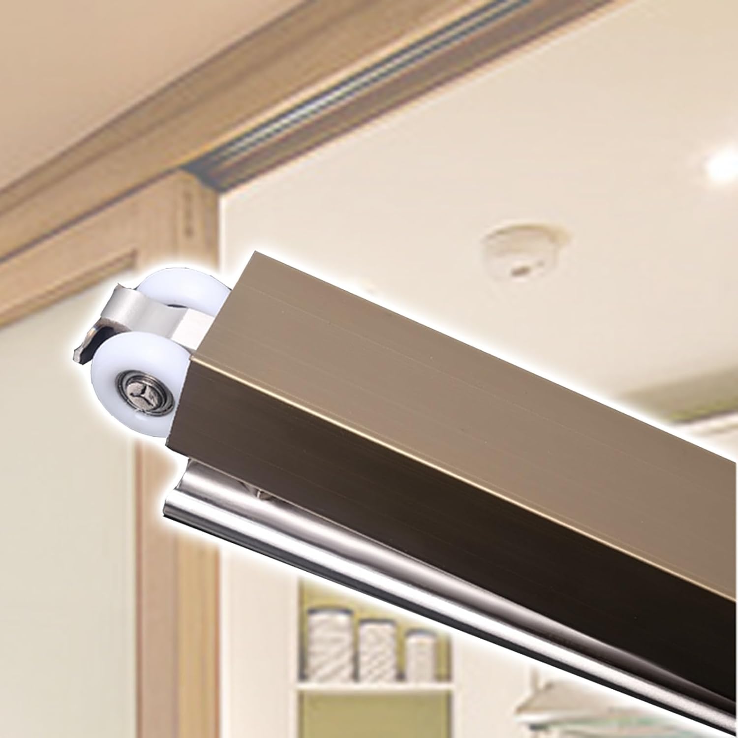 Customizable Sliding Rail Barn Door Hardware Kit with Stainless Steel 8-Wheels Hangers, Top Mount Pocket Doors Track, Concealed Sliding Door Rail for Offices/Study(Champagne,5ft/1.5m)