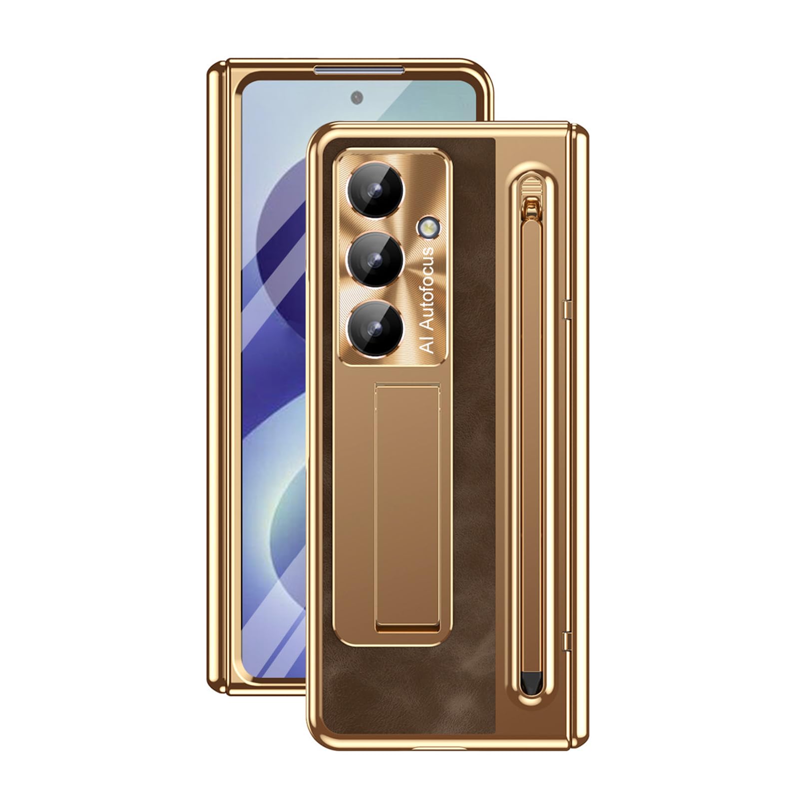 Étui compatible avec Samsung Galaxy Z Fold 8 Ultra, protection intégrale en cuir galvanisé avec fente pour stylo, café