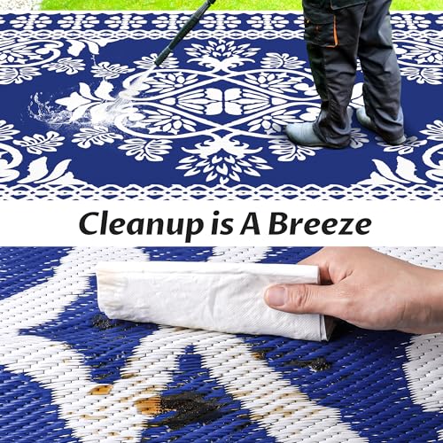 RV Outdoor Rug with Lights 9x12ft, Outdoor Camping Rug, Waterproof, Easy Cleaning, Non Shedding, Foldable and Portable, Reversible Mats for RV, Deck, Beach, Camping, Patio, Picnic (Blue & White)