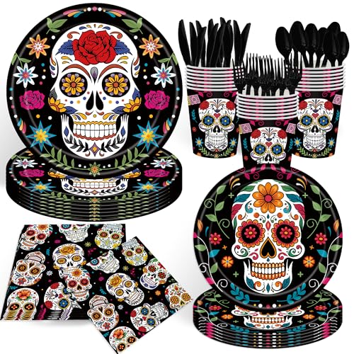 140Pcs Day of the Dead Party Supplies Sugar Skull Tableware Set Da de los Muertos Party Decorations Plates and Napkins Halloween Birthday Party Supplies Serve for 20 Guests