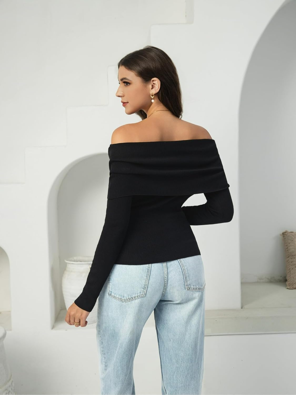 Women's Autumn Sweater, 2026 Casual Long Sleeve Off-The-Shoulder Strapless Knitted Sweater, Pullover Sweater - Image 3