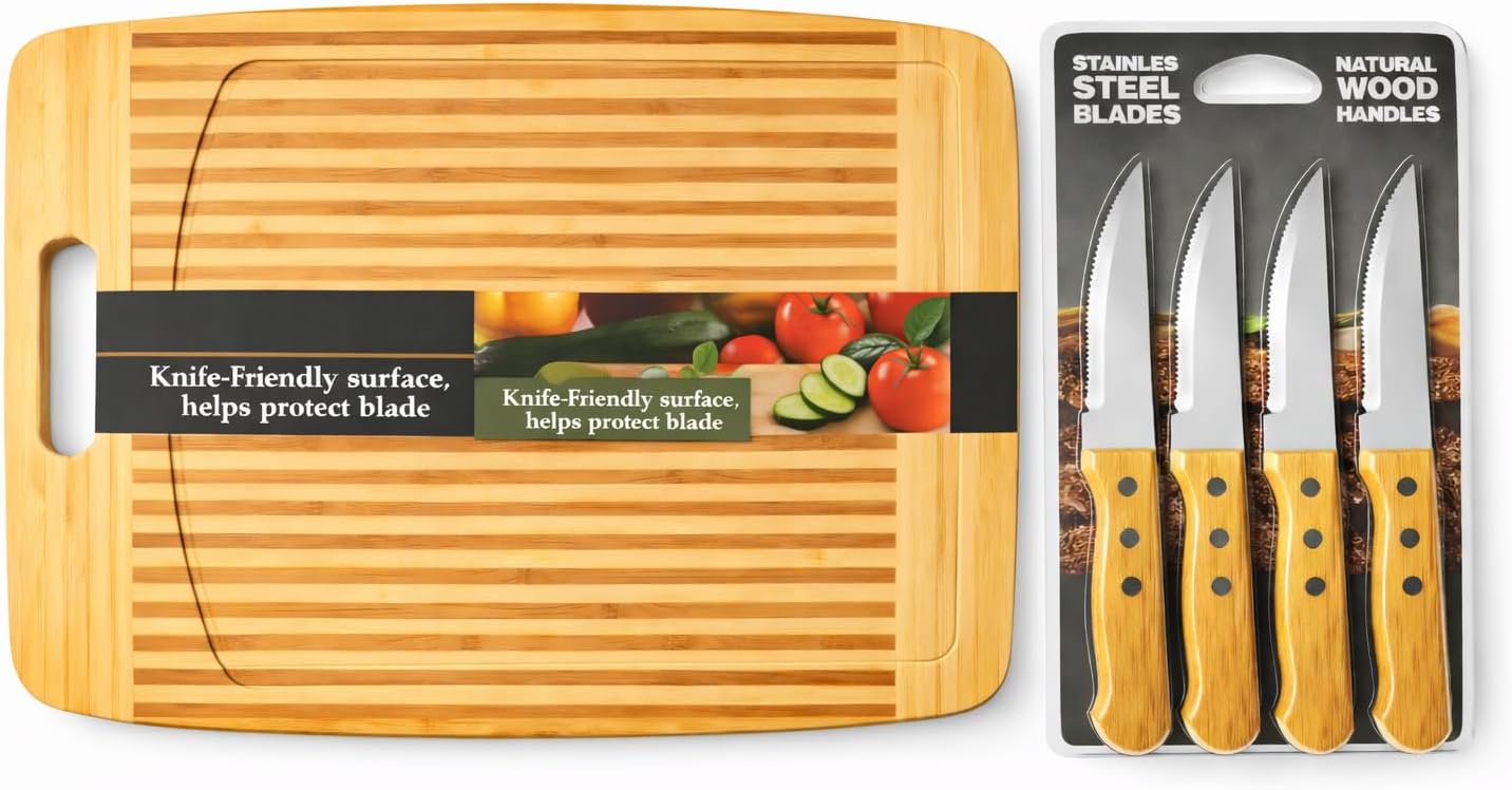 Striped Bamboo Cutting Board with Handle & 4-Piece Stainless Steel Steak Knife Set