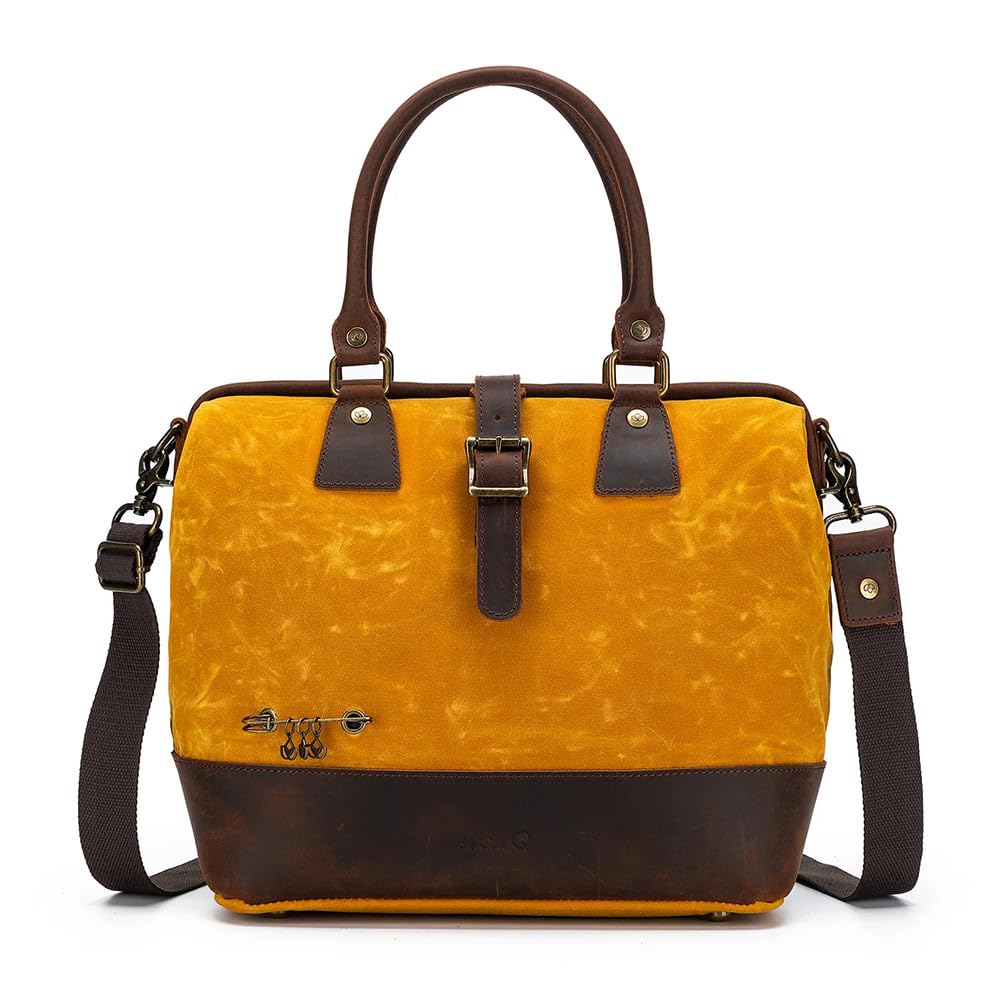 Della Q Makers Satchel Canvas Handmade Bag for Knitting or Crocheting Projects, Leather, Mustard, 34cm x 30cm x 18cm