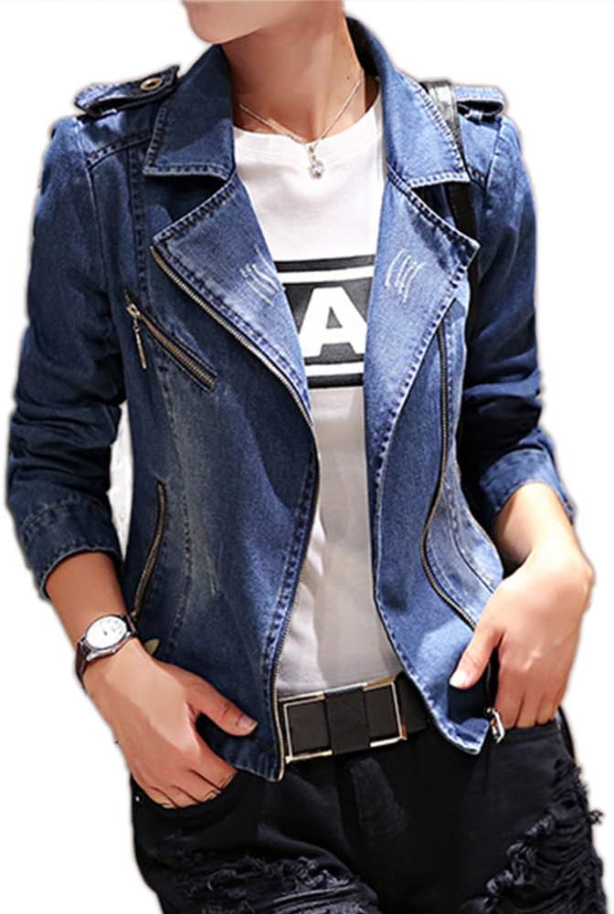 Fundu Women's Slim Fitting Lapel Denim Blazer Jacket