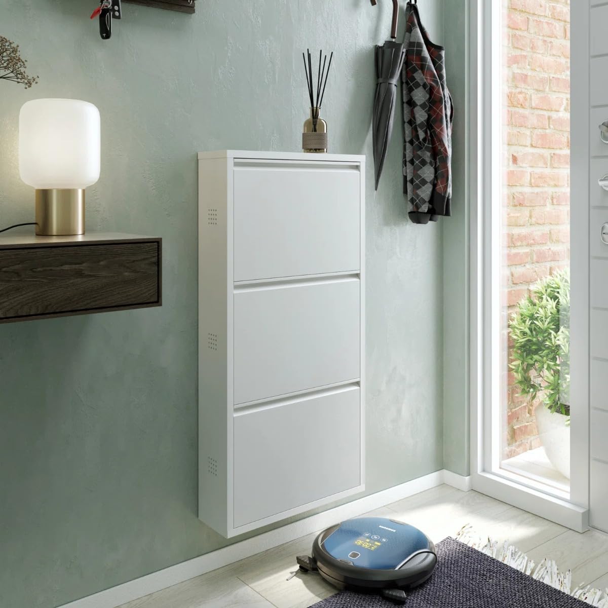 Bissolo Casa Scarpiera Cabinet 3 Ribalte in Metallo Bianco, 50x15x104 cm, Salvaspazio per Ingresso