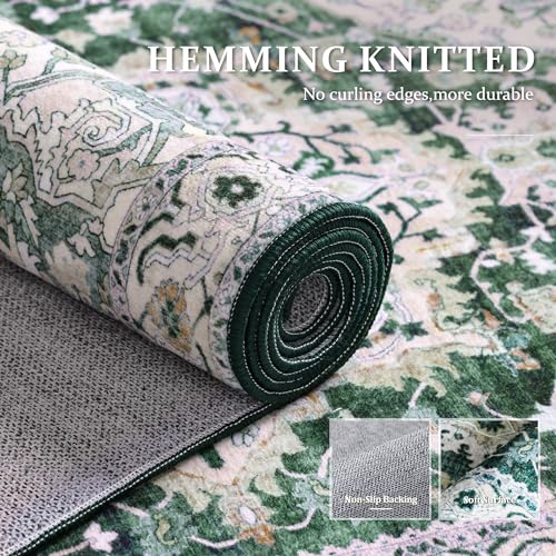 Deerly Green Washable Kitchen Runner Rug 3x7 Boho Vintage Hallway Entryway Throw Rug Faux Wool Non-Slip Low-Pile Floor Carpet for Indoor Front Entrance Kitchen Bathroom Bedroom