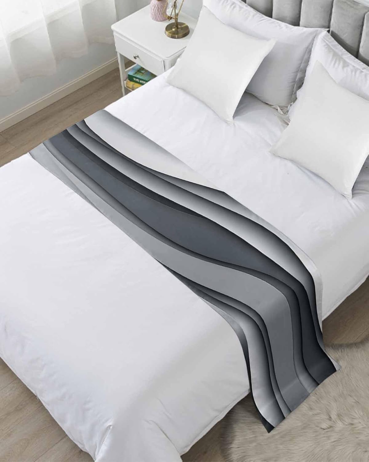 Black Gray Ombre Bed Runner Scarf Cal King Size, Modern Abstract Moire Art Geometric Luxury Bed Throw Runners & Scarves for Twin Full Queen King Foot of Bed, Hotel Wedding Room Decoration, 102"x20"