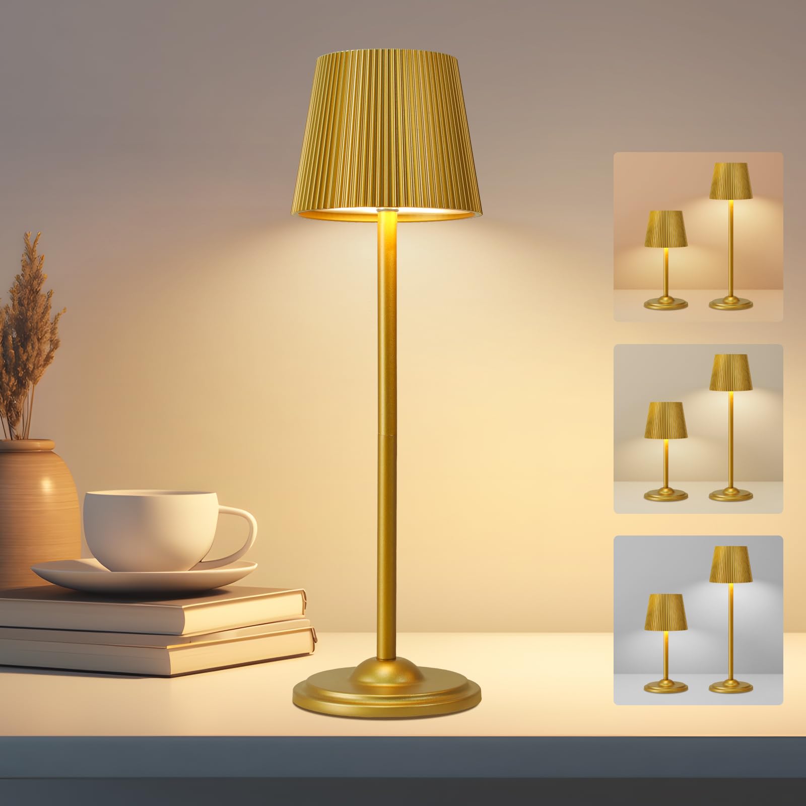 Nixtrve LED Tischlampe Kabellos Höhenverstellbar, USB-C Nachttischlampe mit 3 Lichtfarben Dimmbar, Tragbare Metall Akku Tischleuchte für Wohnzimmer, Schlafzimmer & Outdoor (Gold)