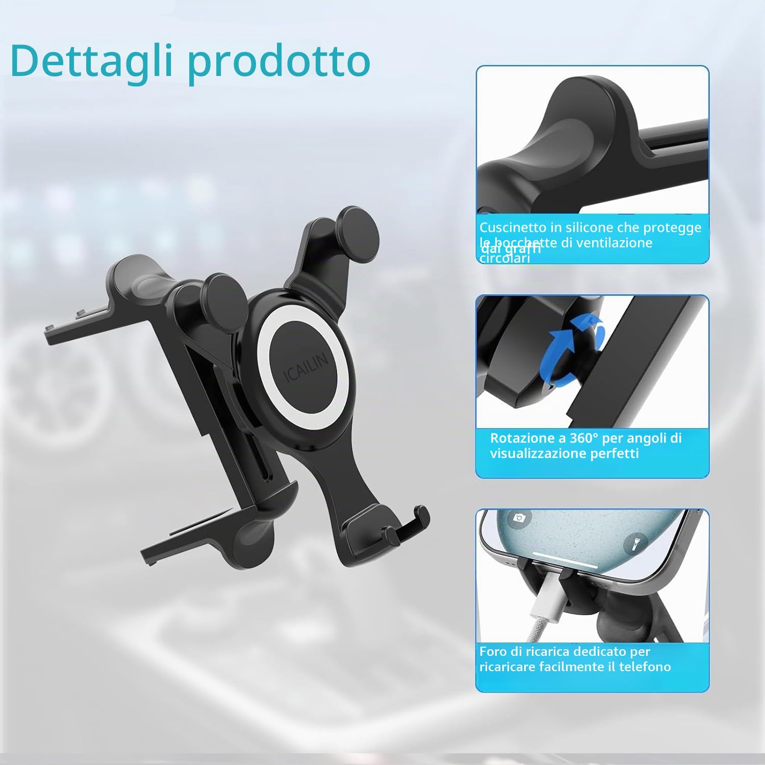 ICAILIN Supporto per telefono cellulare per auto per da Rotazione a 360 ° Supporto per telefono da auto per Smart 453,Forfour Fortwo Accessori,Mercedes Benz A/B/C/E/S,Mini Cooper