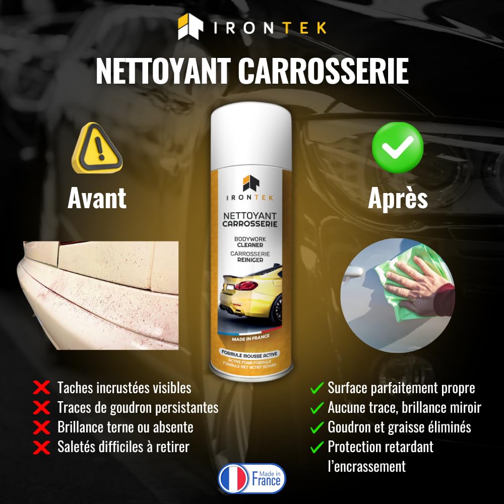 Nettoyant Carrosserie 500ml - IRONTEK | IT231 | Goudron Graisse Pollution Platane | Aérosol Dégraissant | Solvants Naturels | Aucune Trace