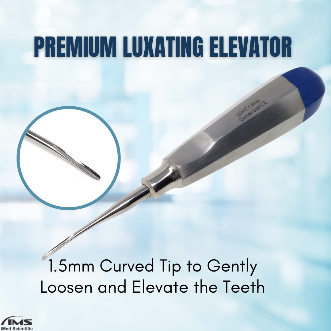 Dental Luxating Elevators with 1.5mm Straight & Curved Tips to Loosen Teeth Apical Root Tip Extraction Stainless Steel Orthodontic Tools in Color Bands for Easy Identification (1.5mm CRV - Blue)