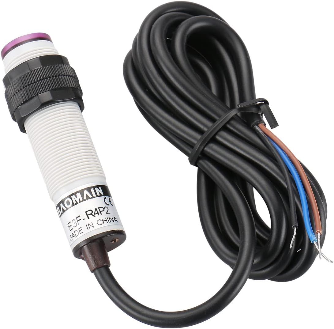 Baomain Photoelectric Sensor E3F-R4P2 Retroreflective Optical Sensor Switch DC 10-30V PNP NC Sensing Distance 4m with Reflector Panel