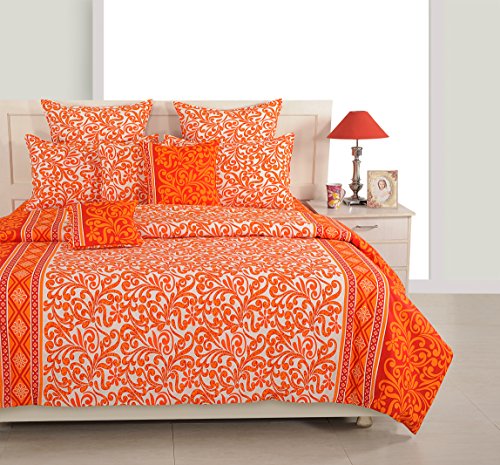 Image of Swayam Roto Cotton King Bedsheet with 2 Pillow Covers | Size 108 x 108 inch | 144 TC | Floral Design | Soft Breathable Bed Sheet | Comfortable & Durable for Bedroom - Orange