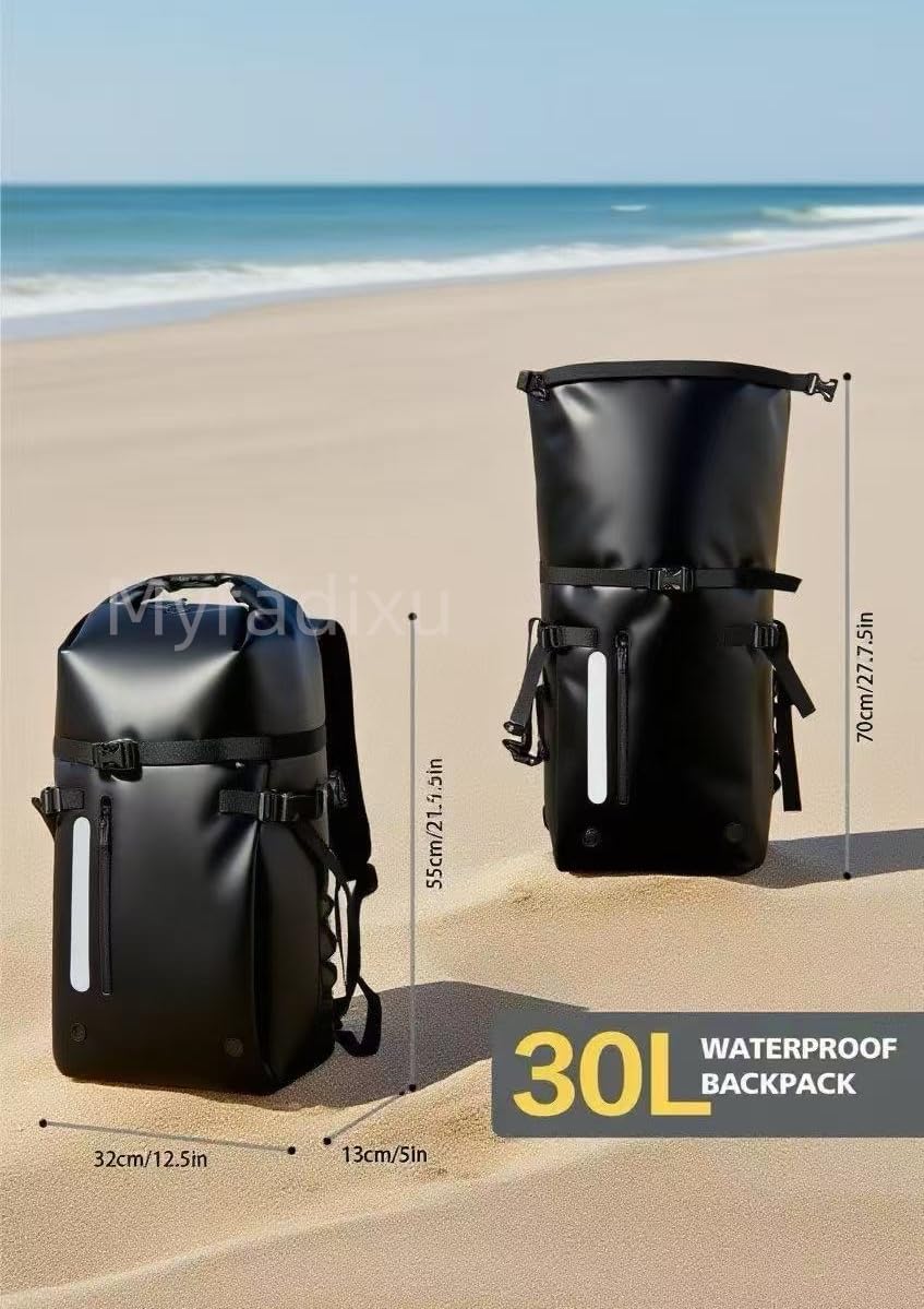 Black 30L Waterproof Backpack - Roll Top Dry Bag for Kayaking, Hiking, Fishing | Floating & Submersible Outdoor Gear - Image 3
