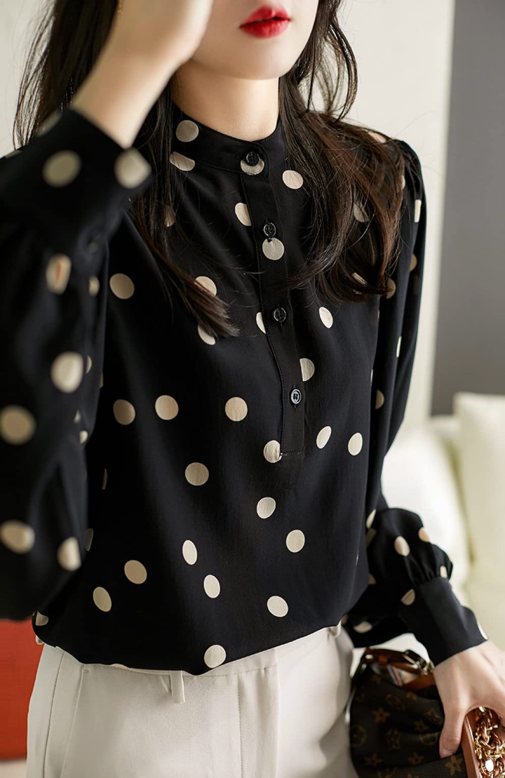 Camicie Da Donna,Camicetta Da Donna In Chiffon A Pois Neri Maniche Lunghe Arricciate Camicia Con Bottoni Stand-Up Colar Vintage Tunica Top Camicetta Comfort Camicie Da Ufficio Camicetta Da Lavoro Ca