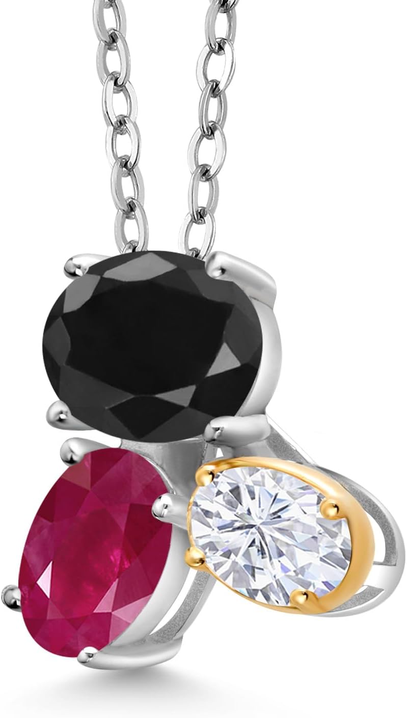 925 Silver and 10K Yellow Gold Black Sapphire Red Ruby and White Moissanite Pendant Necklace For Women (3.16 Cttw, Oval 8X6MM, 7X5MM and 6X4MM, Gemstone September Birthstone, with 18 Inch Chain) - Image 2