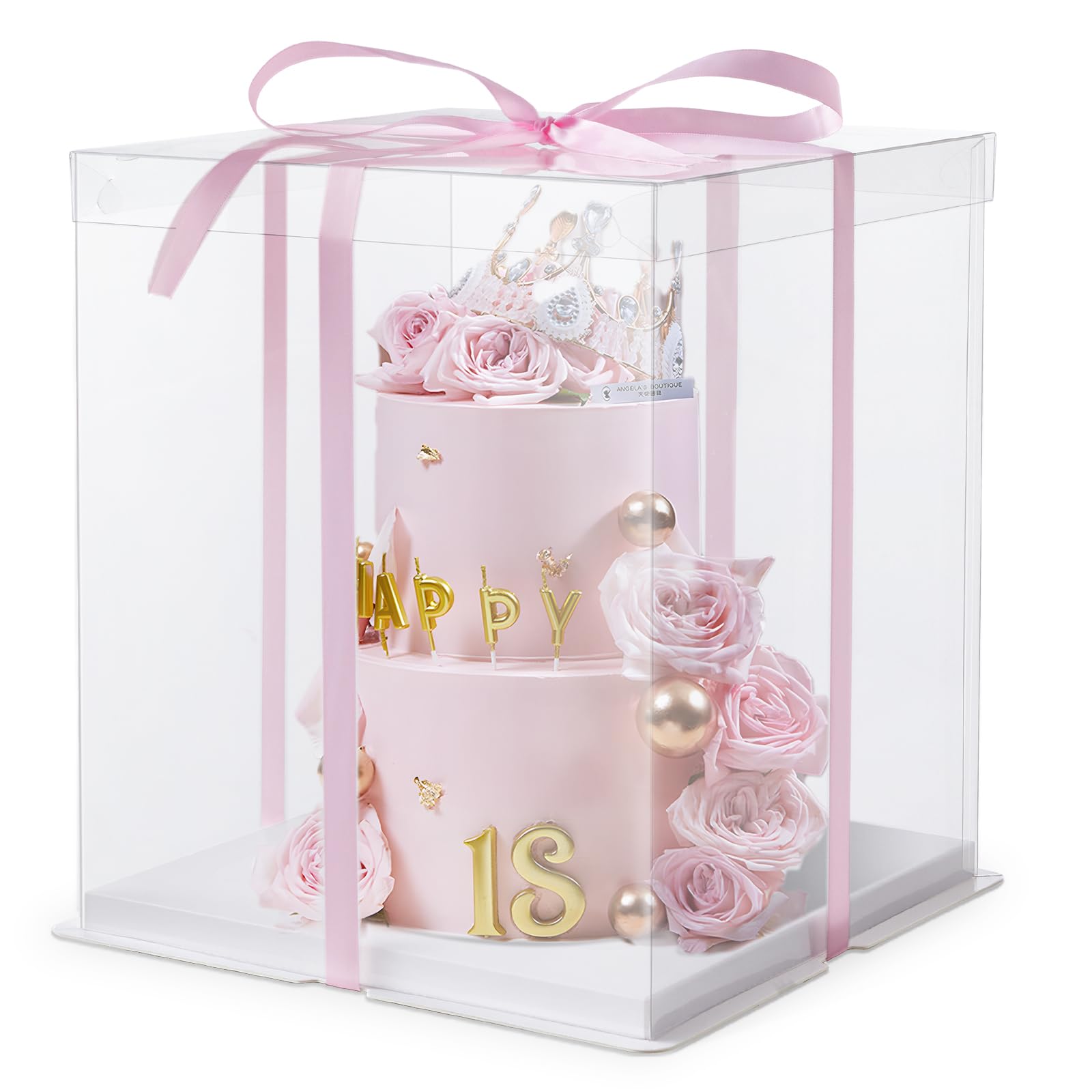 Warmiehomy Clear Cake Box, 12 inch Tall Cake Box, Transparent Gift Boxes with Lid & Ribbon, Plastic Large Cake Gift Box for Cake & Present in Christmas Wedding Birthday Party
