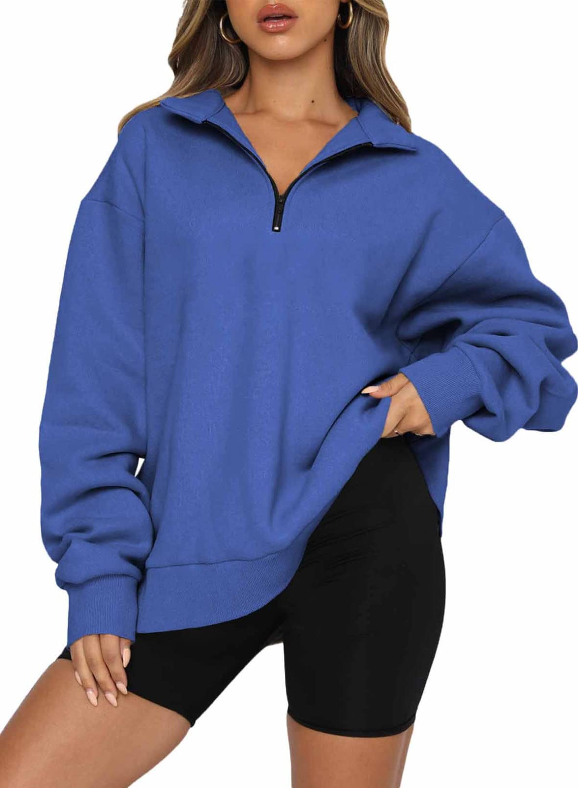 BLENCOT Women Half Zip Oversized Sweatshirts Long Sleeve Solid Color Drop Shoulder Fleece Workout Pullover S-2XL