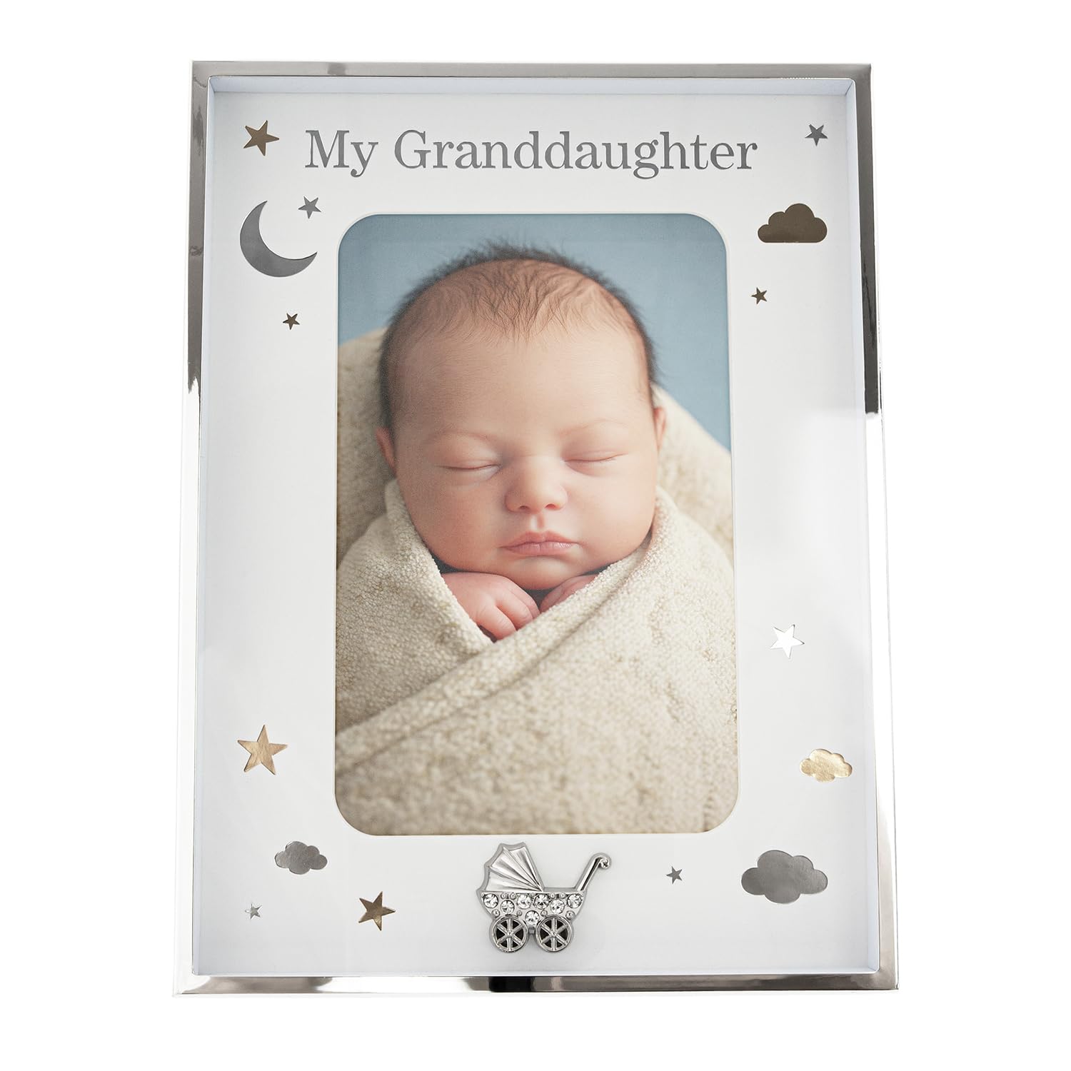 Happy Homewares My Granddaughter Silver Plated 4x6 Picture Frame with Gold and Silver Foil Stars and Clouds | Silver Pram with Clear Diamantes | Wall or Table