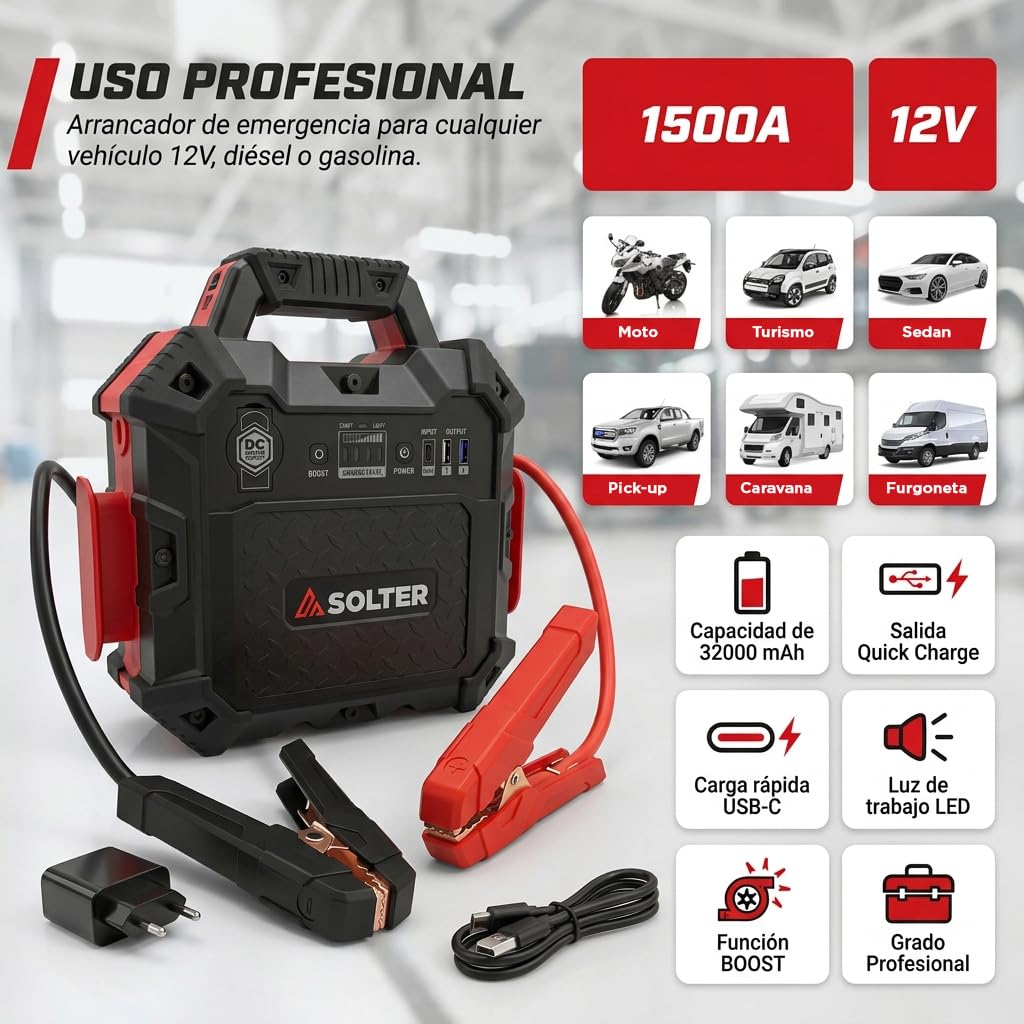 Solter Lithium LT-35 12V Pro Arrancador de Batería 1500A | 32000mAh, Para Coche Diésel y Gasolina, Powerbank USB-C, Modo BOOST