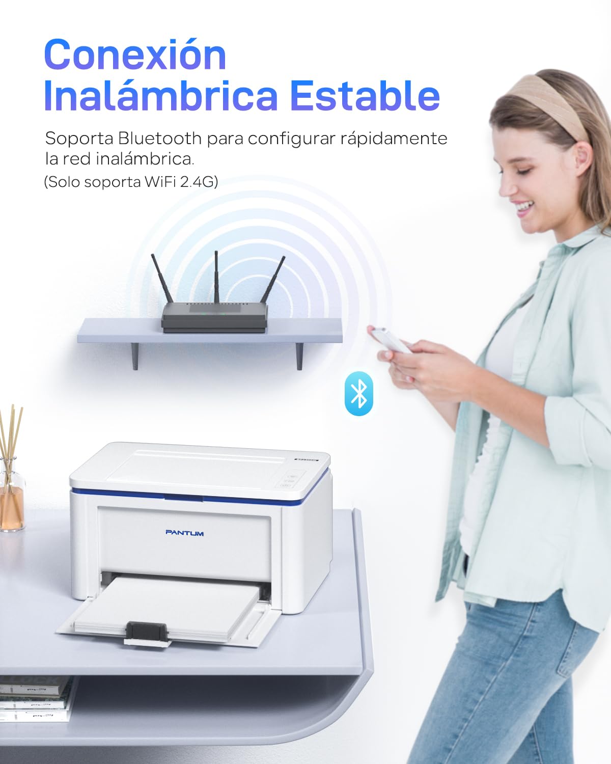 PANTUM BP2309W Impresora Láser Monocromo WiFi, Pequeña para Casa y Oficina (A4, 20 ppm, Wi-Fi Direct, Bluetooth, USB, AirPrint, Mopria), con 1 Tóner de Inicio Original