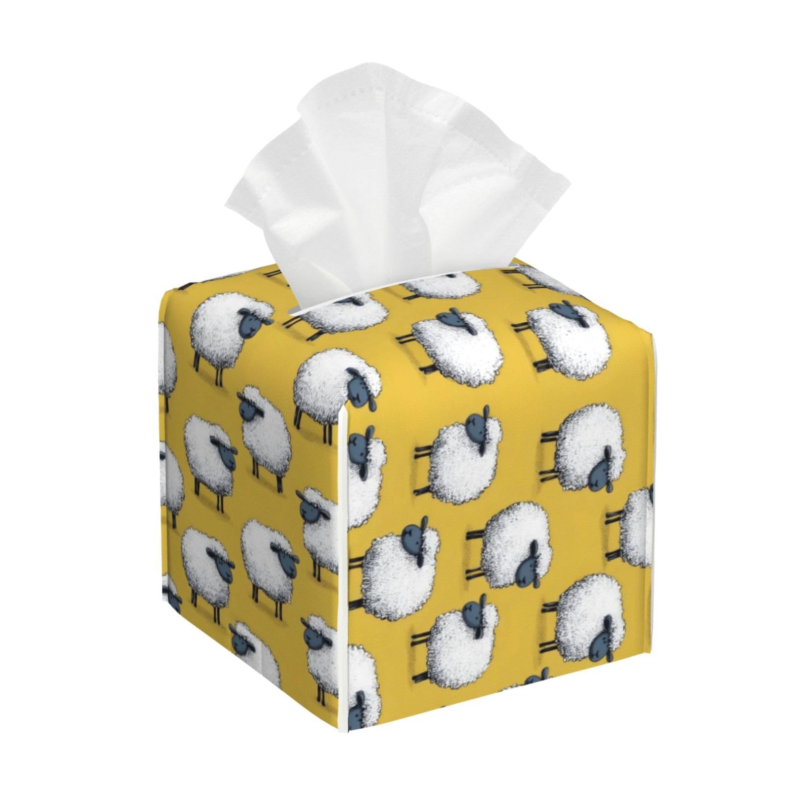 White Sheep Cute Print Tissue Box Cover Holder Square, Foldable Modern Cube Tissue Box Cover, Leather Decorative Organizer for Tabletop Bathroom Car Office Desk Decor