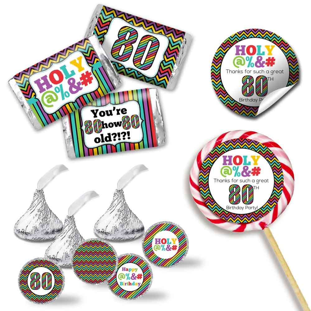 HOLY @%&# 80th Birthday Party Sticker Bundle Kit - 429 pieces!!! Includes 60 2" Circle Stickers for Favors & Goodie Bags, 45 Mini Candy Bar Wrappers, & 324 Round Candy Kiss Stickers by Amanda Creation