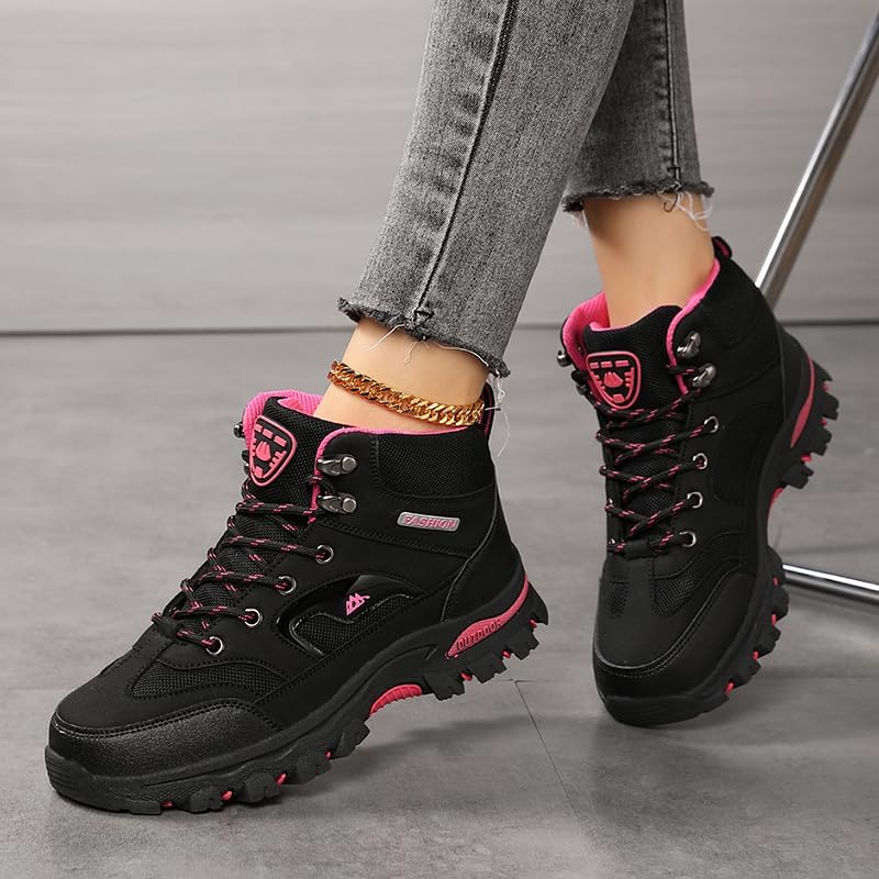 Women's Versatile All-Season Hiking Boots - Breathable, Non-Slip Traction Sole, Lace-Up Outdoor Sports Shoes in Black & Pink with Rubber Sole for Trekking & Mountaineering