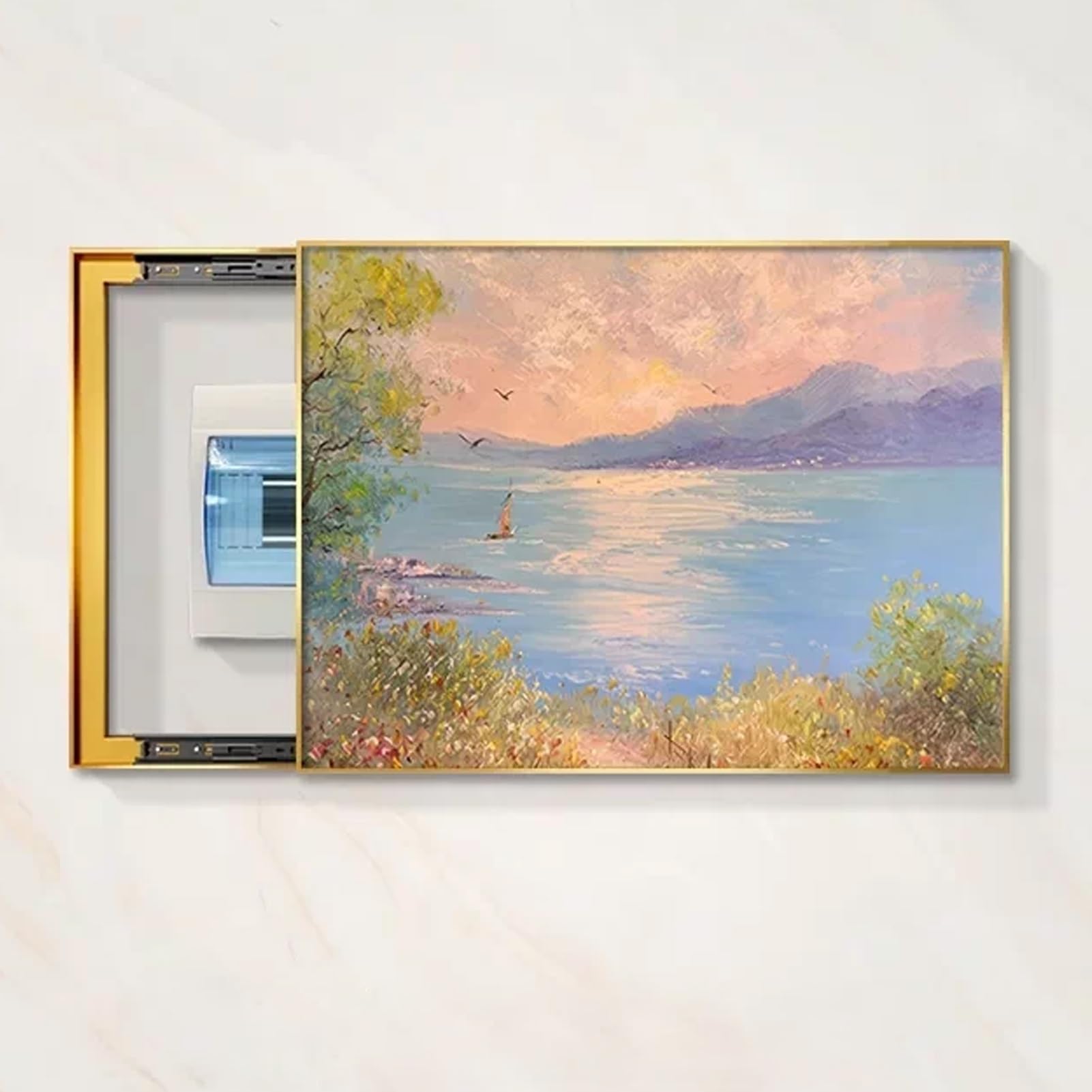 Caja Medidor Eléctrico Pintura Decorativa De Tipo Empujar-tirar | Tapa Cuadro Electrico Decorativo Horizontal, Cubierta Para Caja De Fusibles Marco De Aluminio(Right F,21.6"x17.7"/55x45cm)