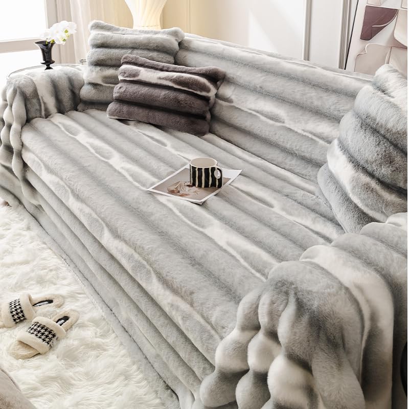 Housse de canapé fausse fourrure gris clair extra large