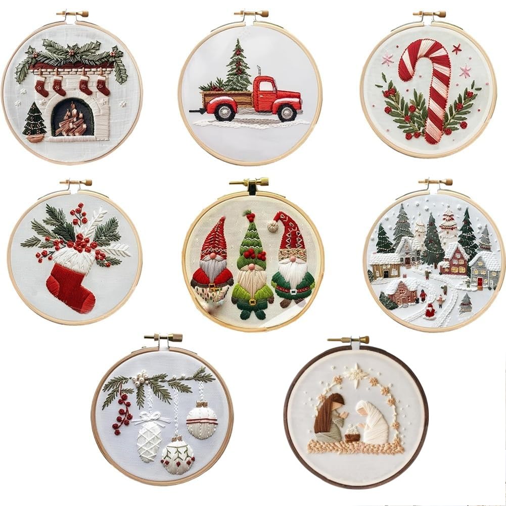 TRYYRT Christmas Embroidery Kit for Beginners, DIY Handmade Cross Stitch Kit with Pattern, Cotton Threads, Needles, 8