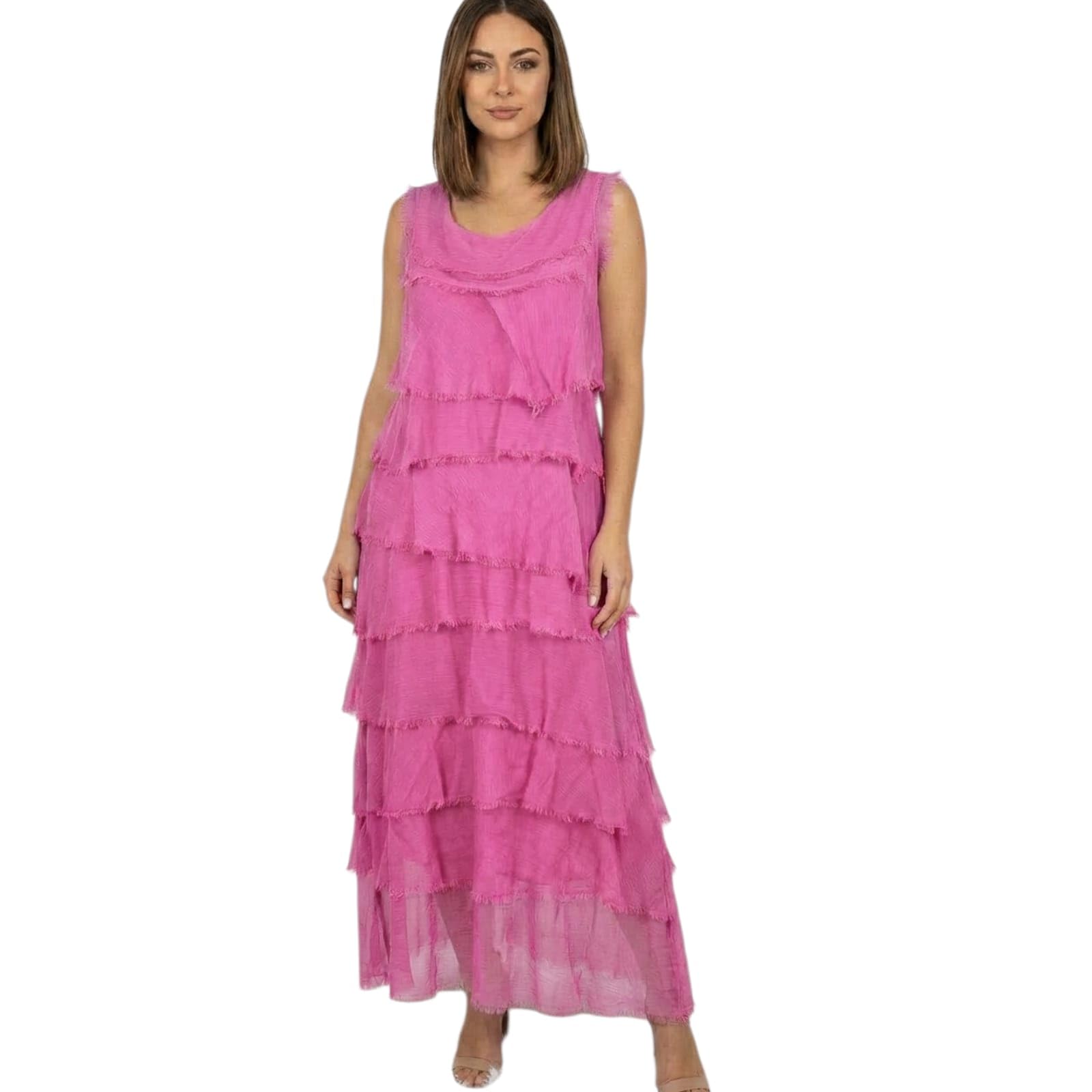 Alam Exclusive Women's Dress Maxi Flap Over Italian Shredded Ladies Elegant Sleeveless Party Summer Layer Look Plain Pleated Layer Resort Wear (Fuchsia)