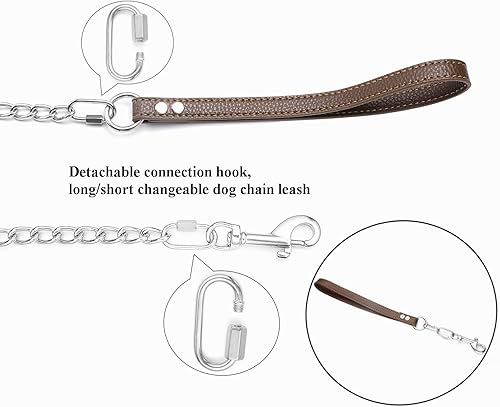 Miniatura 2 de Correa de cadena resistente para perro, correa de cuero con eslabones de acero inoxidable a prueba de mordidas de 4 pies6 pies, con clip de conexión