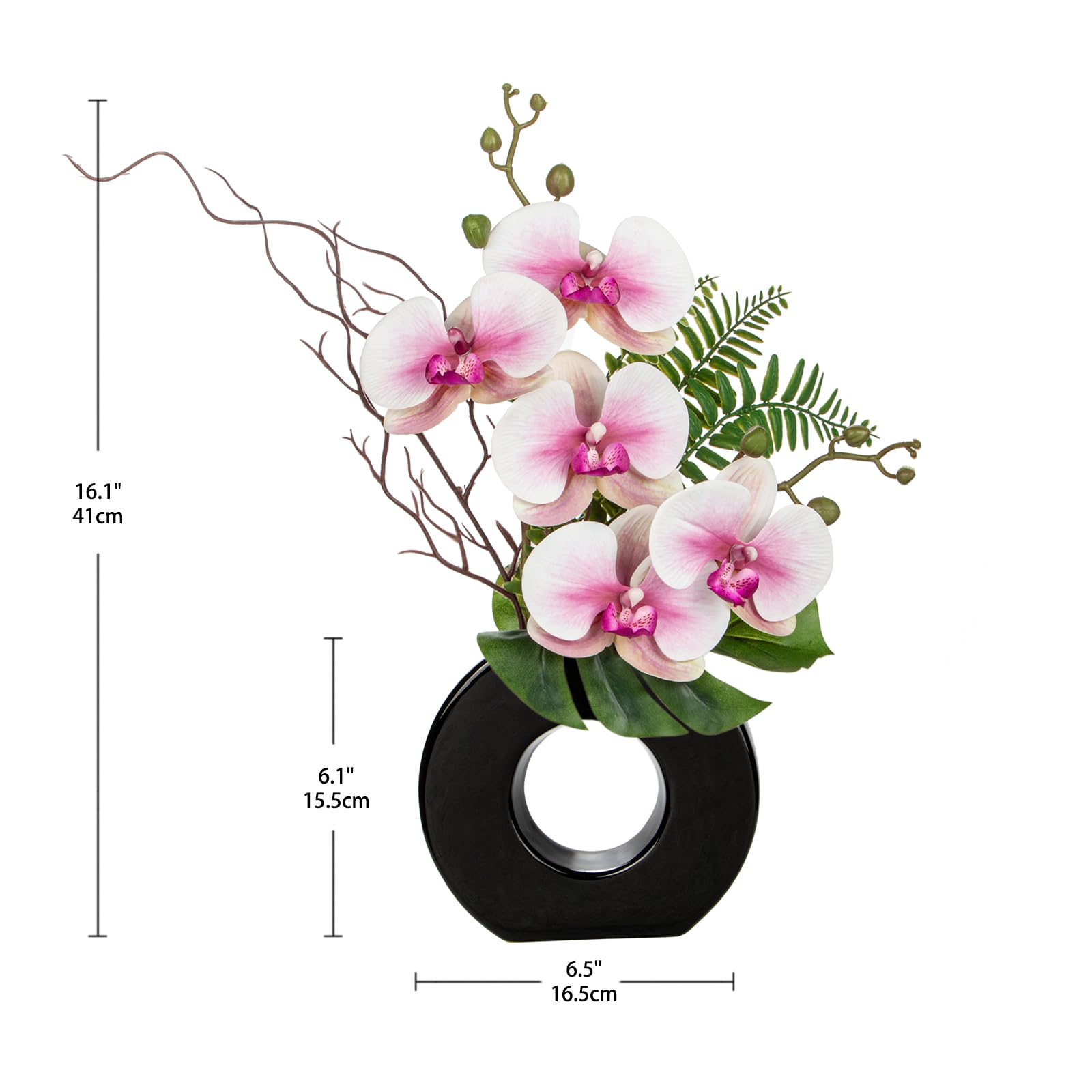 Oairse Artificial Orchid Flowers 41cm Pink Orchid Silk Flowers with Ceramic Black Vase Faux Phalaenopsis Flower Arrangement for Home Office Kitchen Table Centerpiece Decoration - Image 2